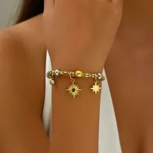 Gold Plated Stainless Steel Charm Bracelet with Sun and Star Pendant Bracelet
